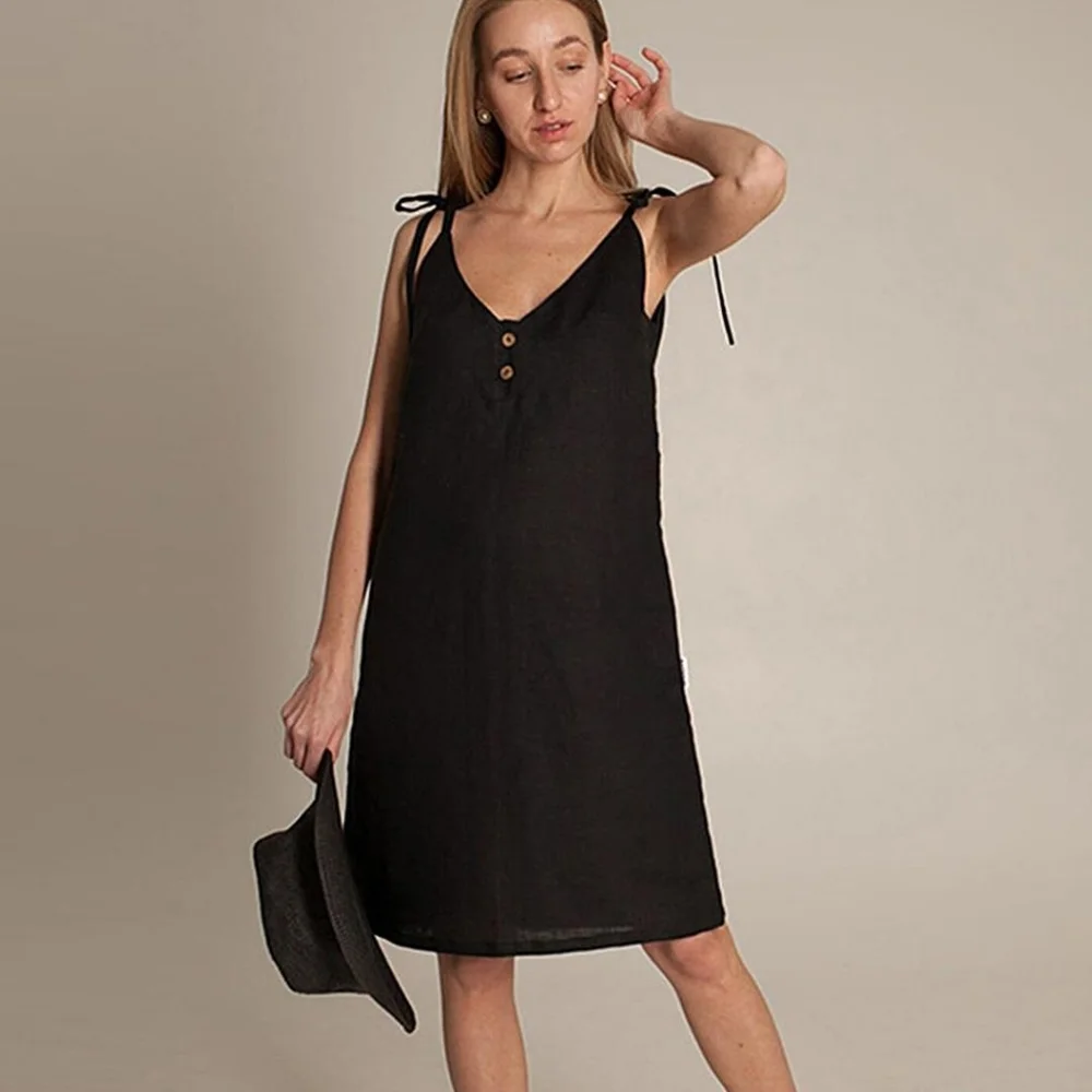 a.n.a A New Approach Black Shift Dress L Tank Tie Straps Faux Button Accent Summ - Picture 1 of 6